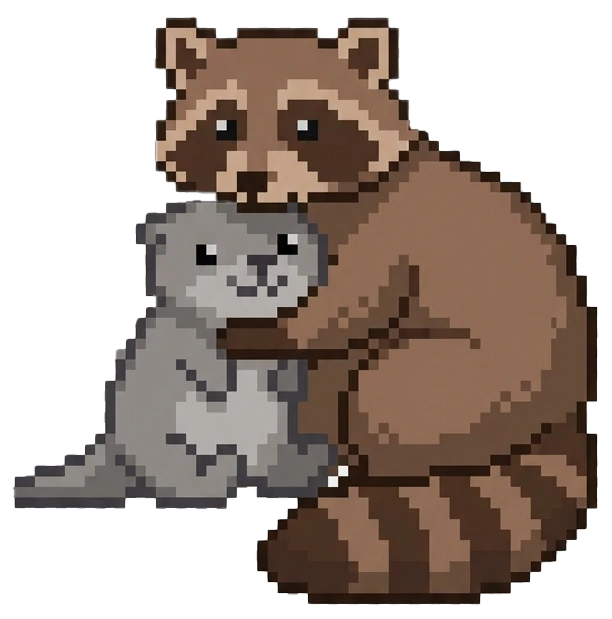 Deux ratons laveurs en pixel art, le grand enlaçant le petit