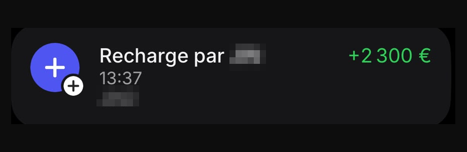 Capture d’un virement reçu (nom du client masqué)