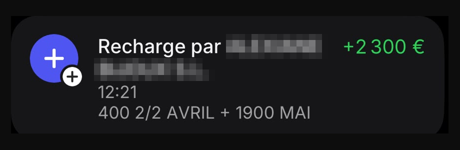 Capture d’un virement reçu (nom du client masqué)