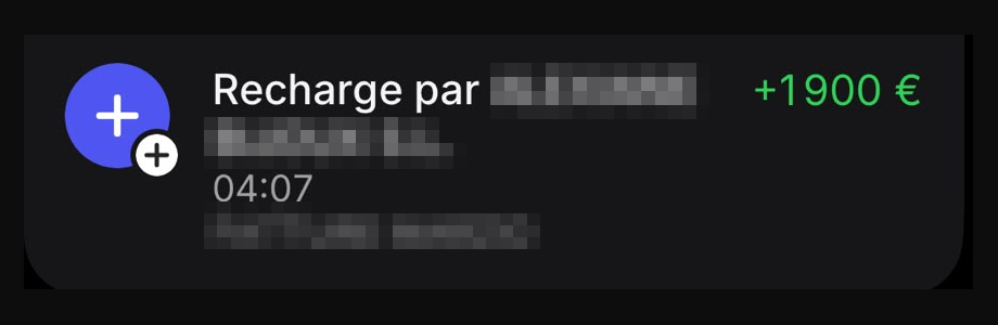 Capture d’un virement reçu (nom du client masqué)
