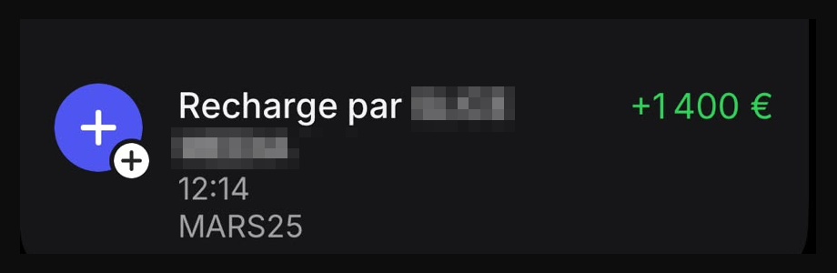 Capture d’un virement reçu (nom du client masqué)