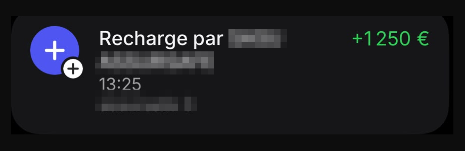 Capture d’un virement reçu (nom du client masqué)