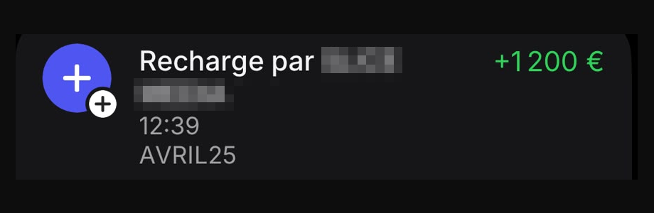 Capture d’un virement reçu (nom du client masqué)