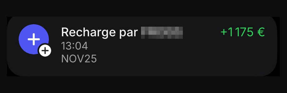 Capture d’un virement reçu (nom du client masqué)