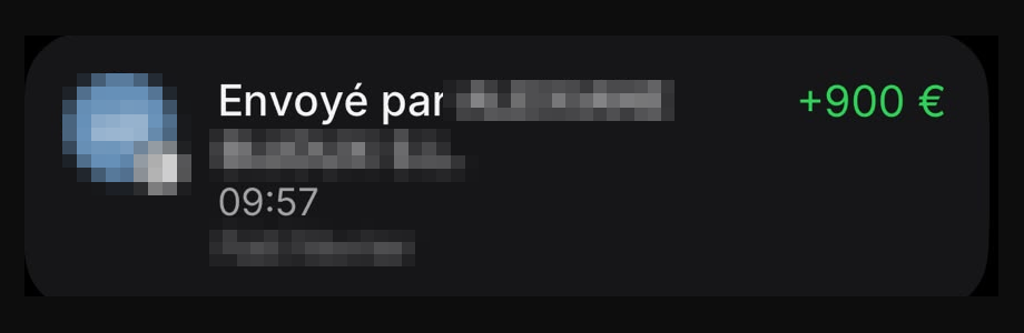 Capture d’un virement reçu (nom du client masqué)