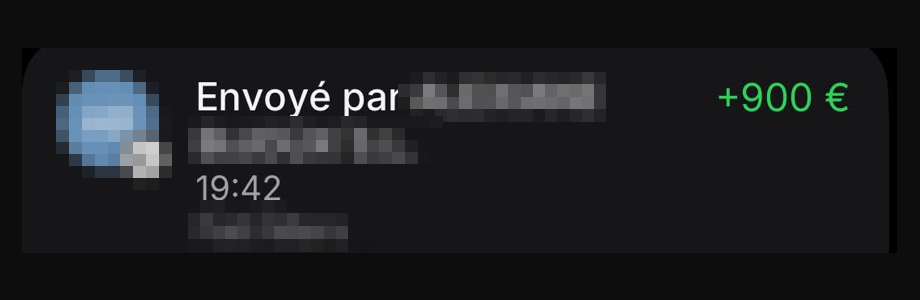 Capture d’un virement reçu (nom du client masqué)
