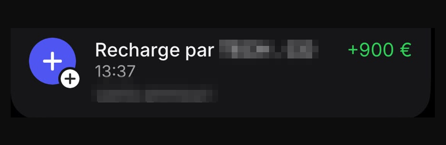 Capture d’un virement reçu (nom du client masqué)