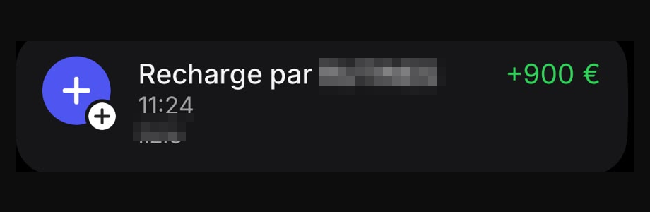 Capture d’un virement reçu (nom du client masqué)