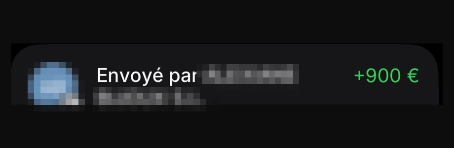 Capture d’un virement reçu (nom du client masqué)